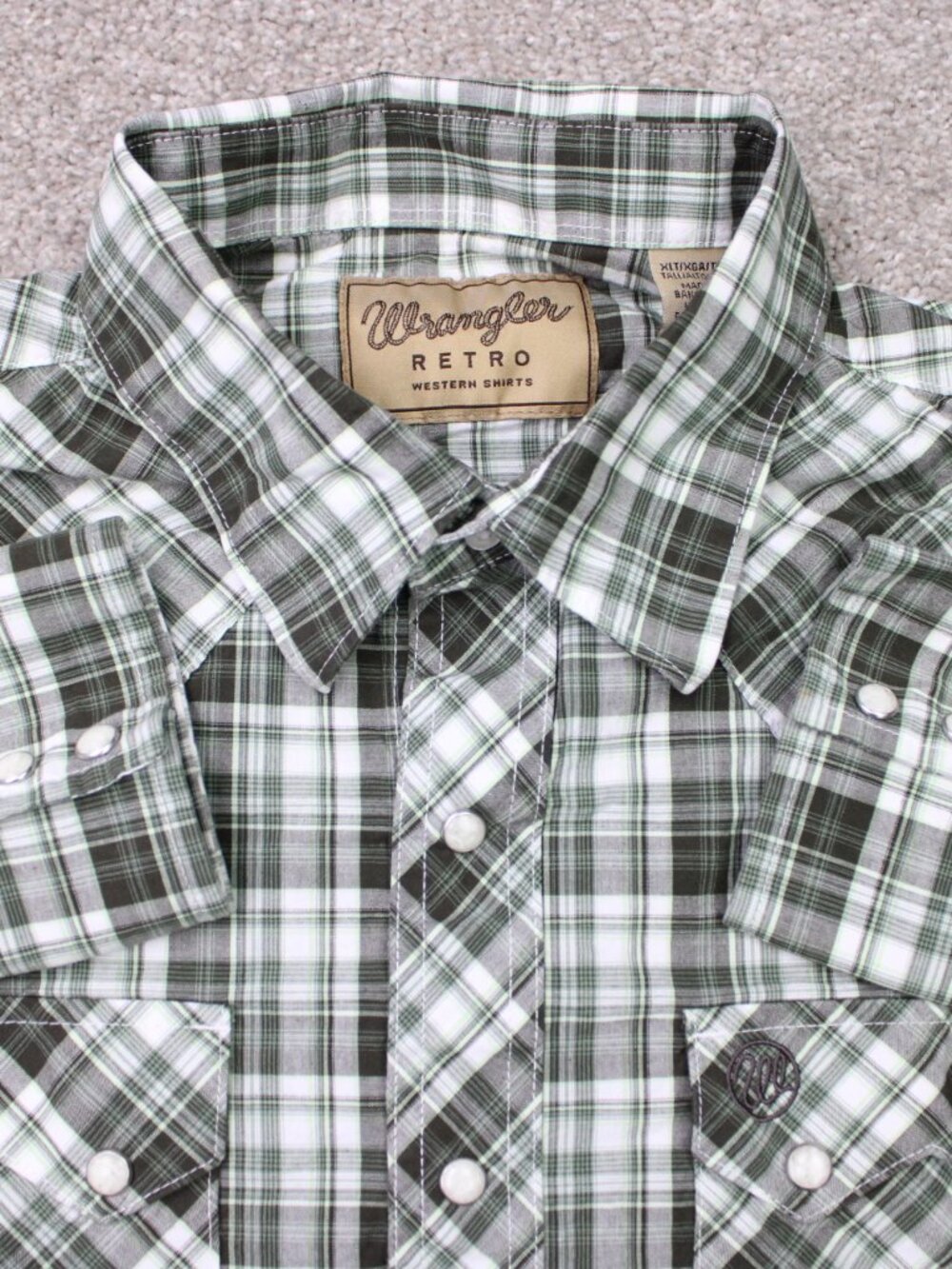 Wrangler Retro Shirt Mens XL Green/White Plaid Pearl Snap Western Long Sleeve